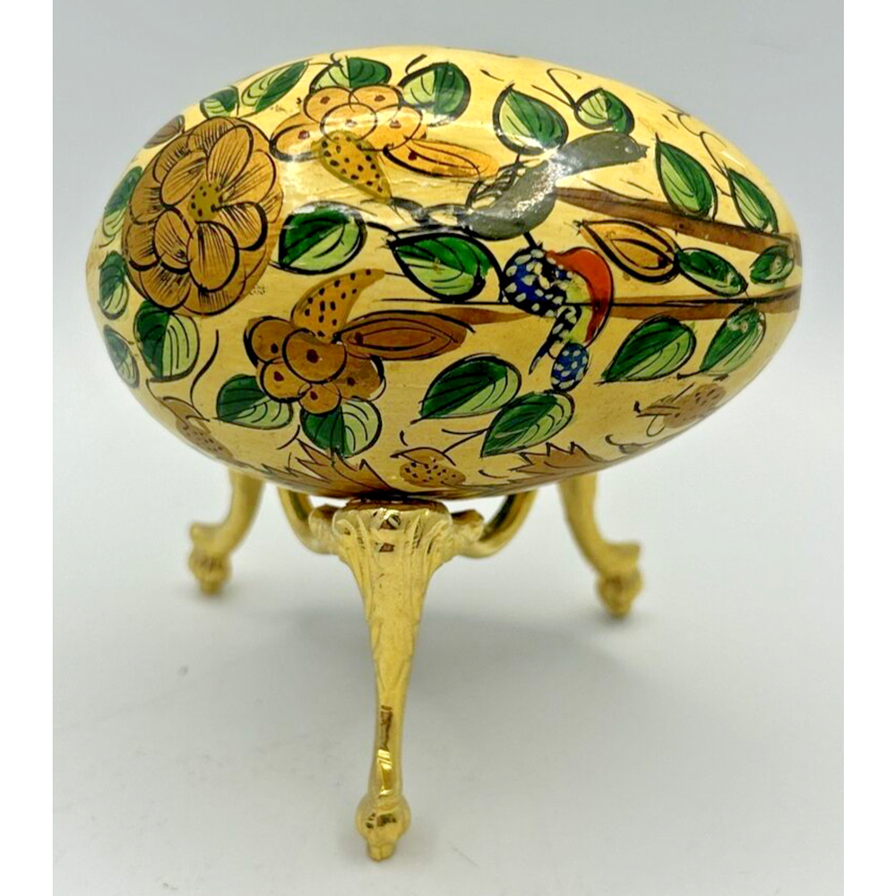 beautiful Hand Painted Decorative Wooden Egg w/ trees‎ and birds w/ Stand PB100